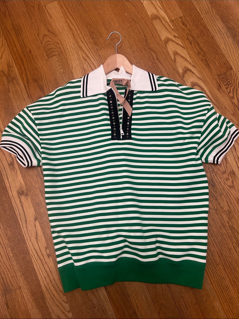 No. 21 Green & White Striped Polo with Contrast Trim